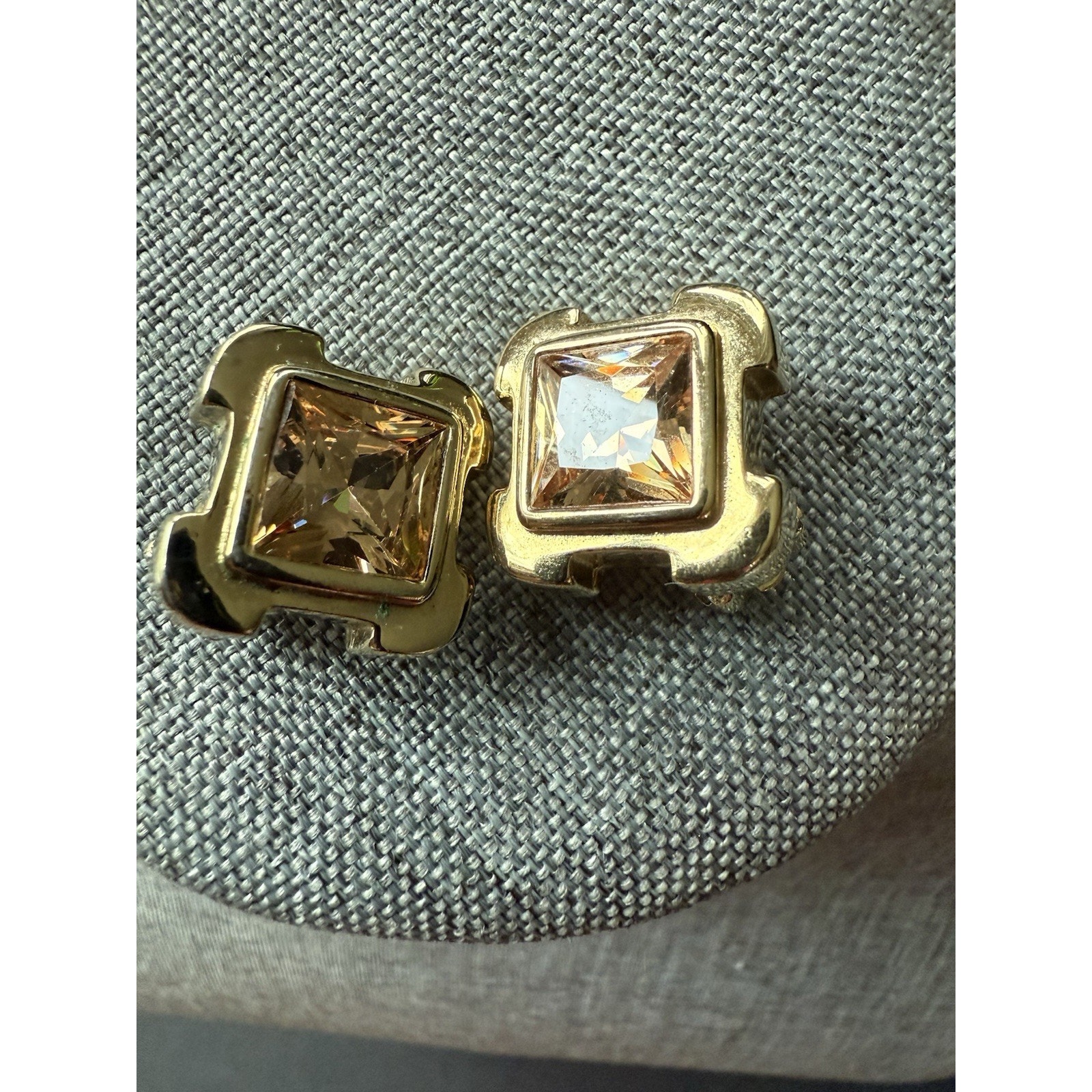 Crystal Faceted Rhinestone Earrings Clip On Topaz Color Gold Tone Classic Career
